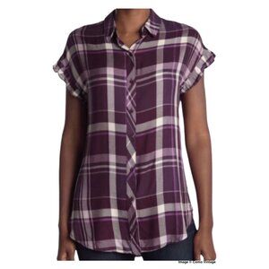 NWT Como Vintage Purple Plaid Button Up Ruffle Cap Sleeve Tunic Blouse Shirt